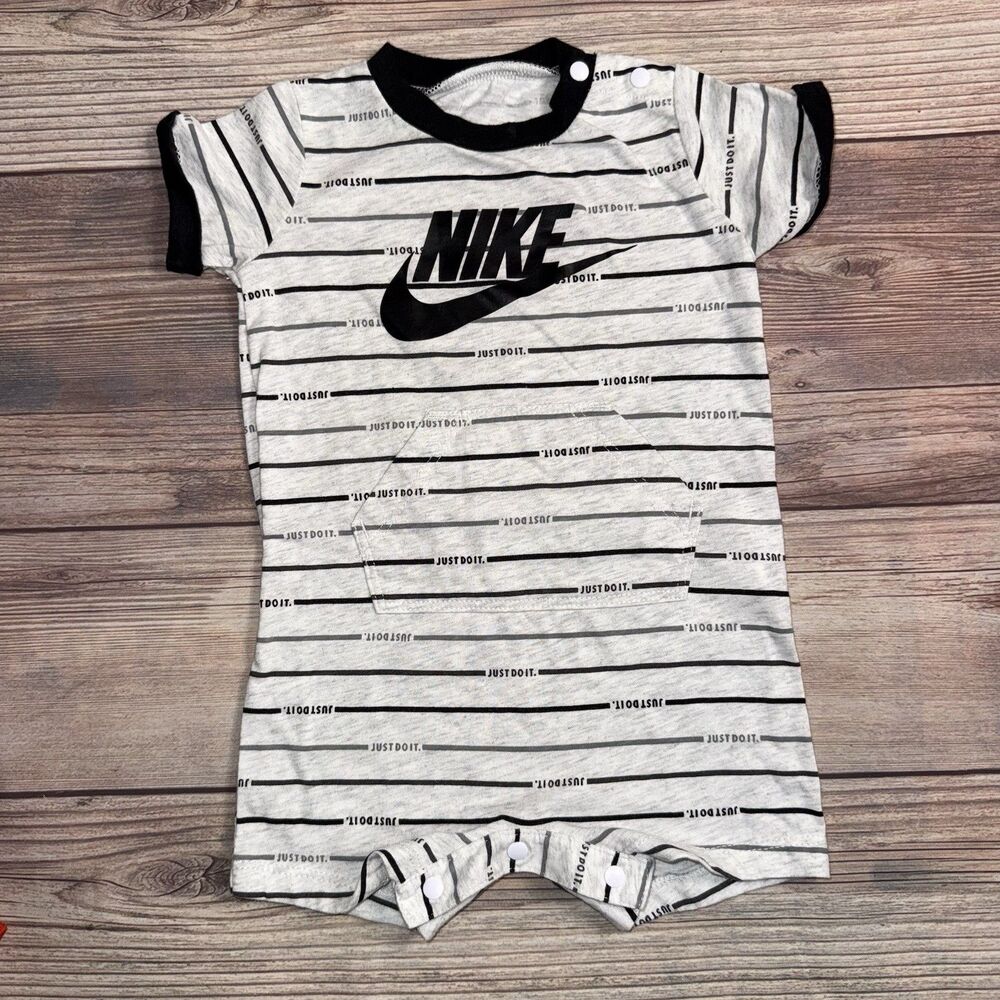 Nike Romper Baby Size 6 Months Gray Black Striped Short Sleeve